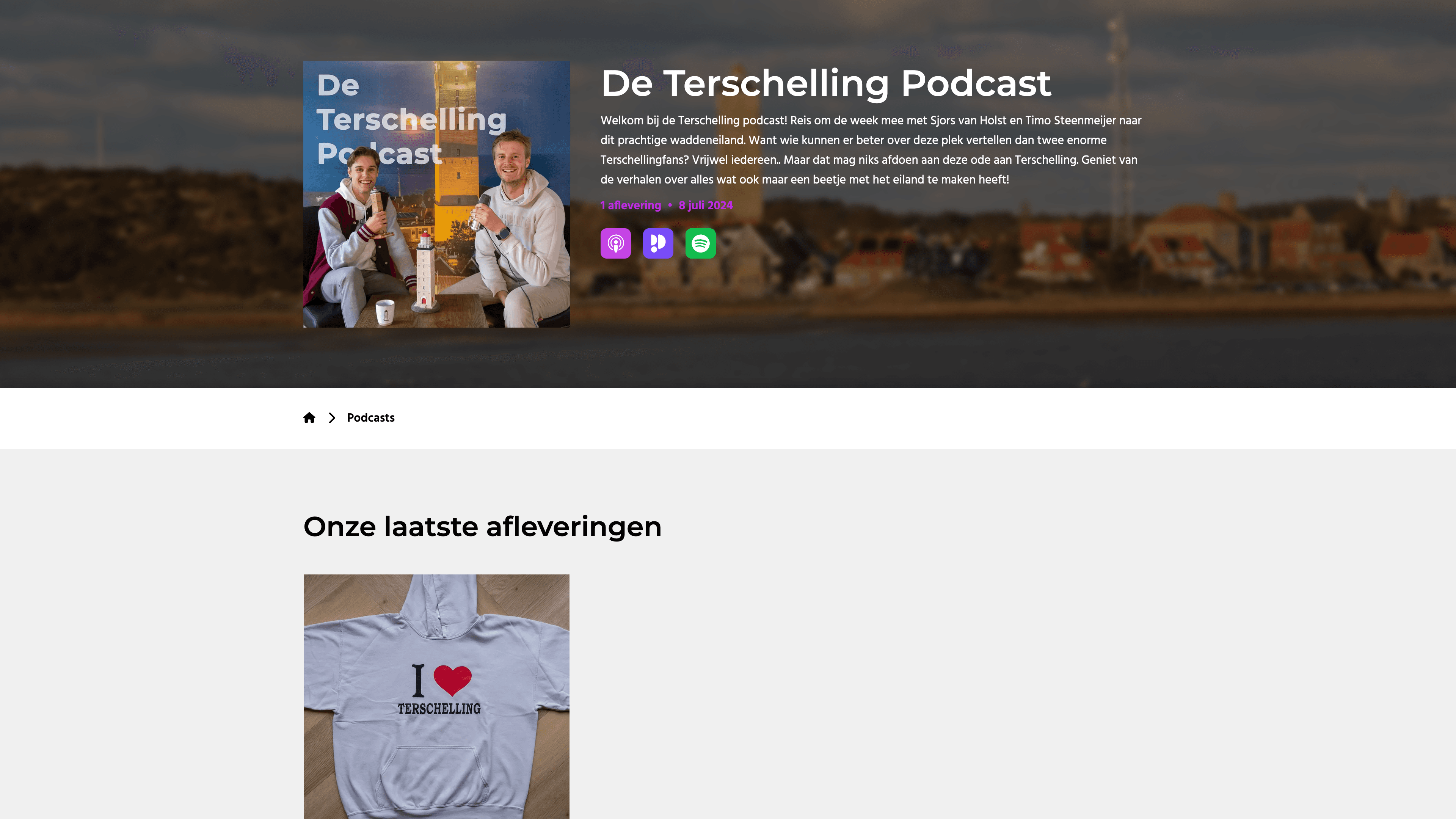 The landing page of De Terschelling Podcast
