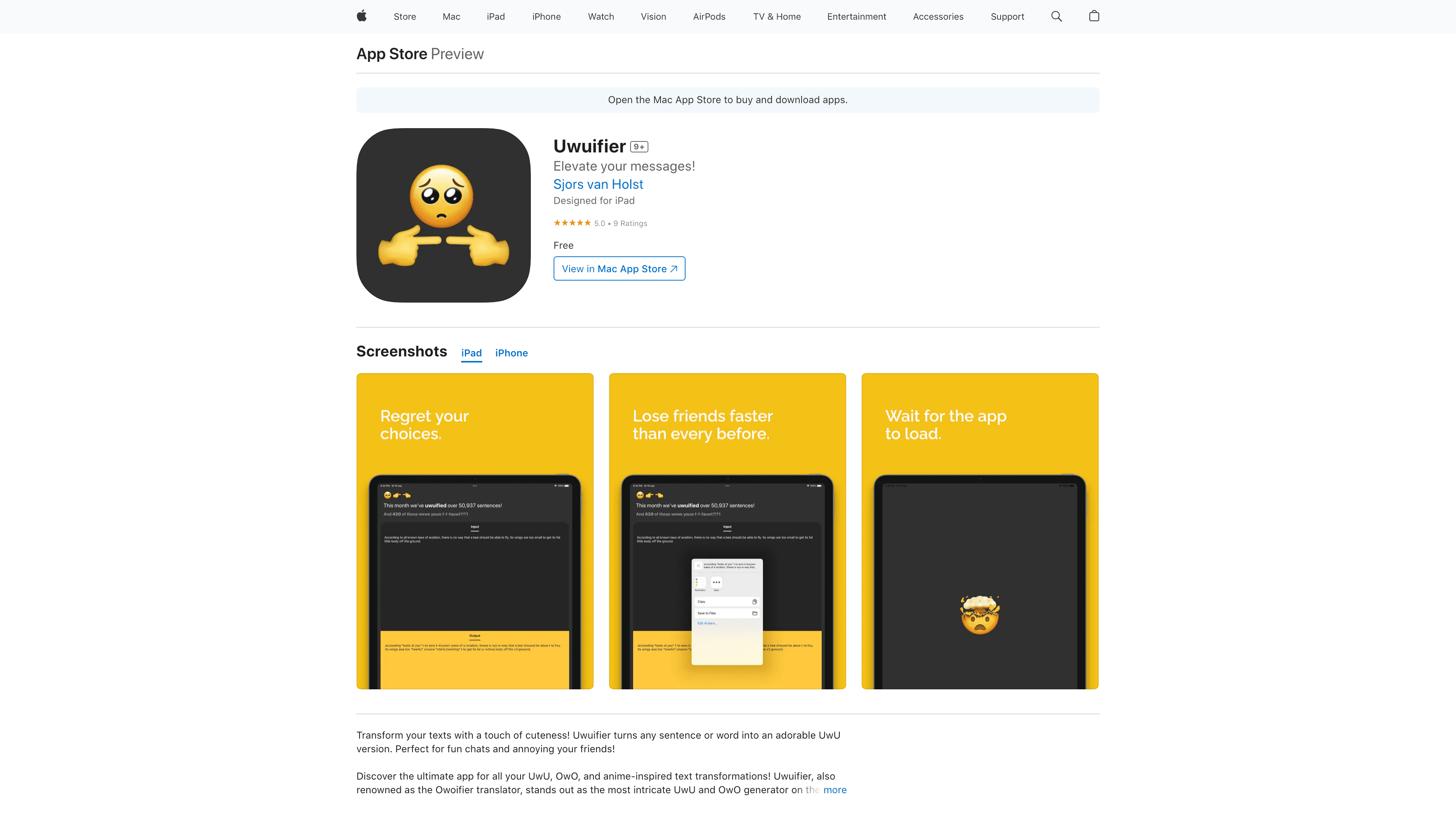 Uwuifier's App Store page.