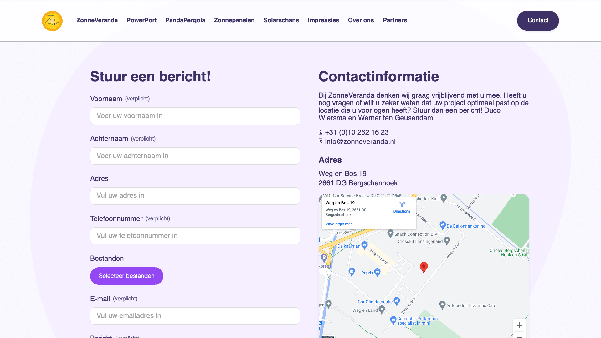 ZonneVeranda's contact section.