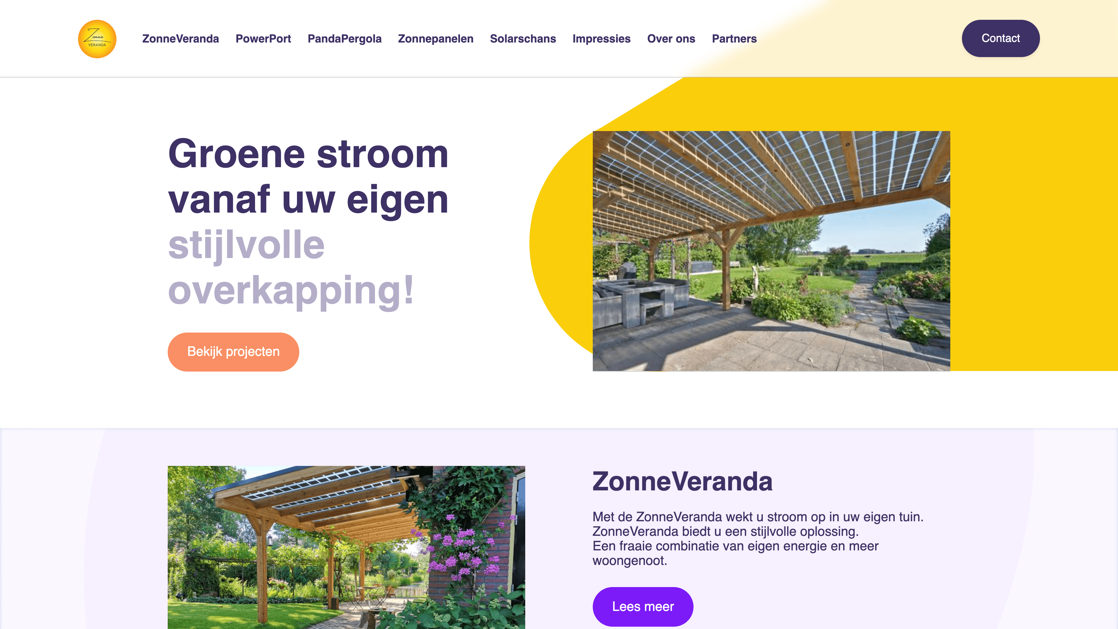 ZonneVeranda's landing page.